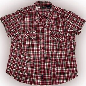💥Route 66 Stretch Women’s Red Plaid Blouse short Sleeves Button Front 20W
